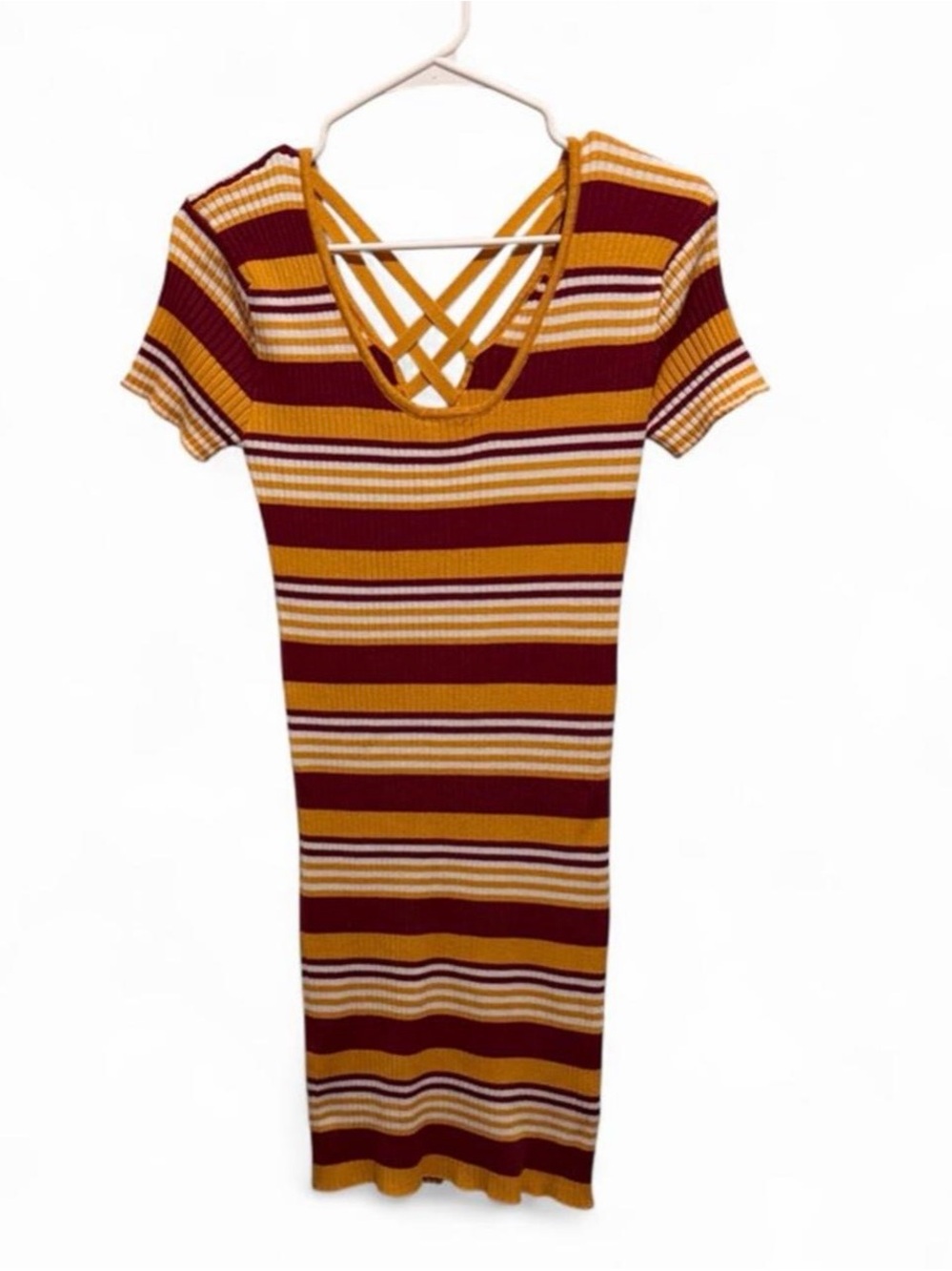 Striped Ribbed Crisscross Mini Dress in Mustard & Maroon